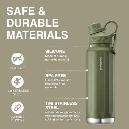 LocknLock Trek Bottle Stainless Steel Double Wall Insulated, 32 oz, Olive Green