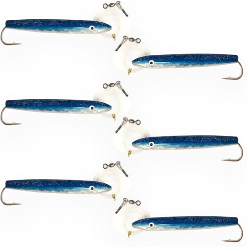 4" Cedar Plugs, 6 Pcs Blue/White Rigged, for Saltwater Fishing, Includes Lure Bag, Ideal Offshore Trolling Gear for Tuna