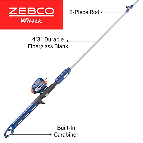 Zebco Wilder Fishing Reel and Rod Combo, 4'3" Durable Fiberglass Rod with Built-In Carabiner, Patented No-Tangle Reel, Pr...