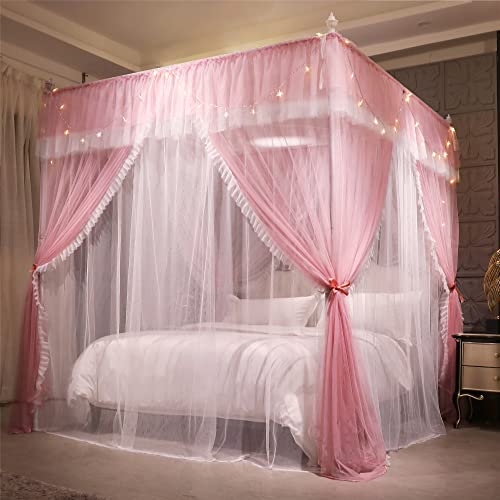 VETHIN 4 Corners Post Ruffle Princess Bed Canopy Curtain-Double Layer Cozy Drape Netting 4 Opening Mosquito Net for Girls ...