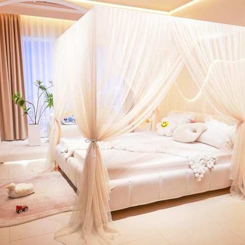 Akiky Princess Canopy Bed Curtains 4 Corners Post Mosquito Net - Cozy Drape Netting 4 Opening Bed Canopy Curtain for Girls...