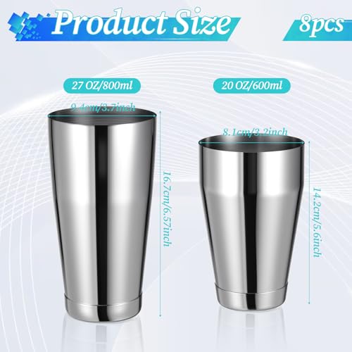 JJUNW 8Pcs Boston Cocktail Shaker, Professional Silver Stainless Steel Tins Bartender Kit with 18oz & 24oz Mixed Drink Sha...