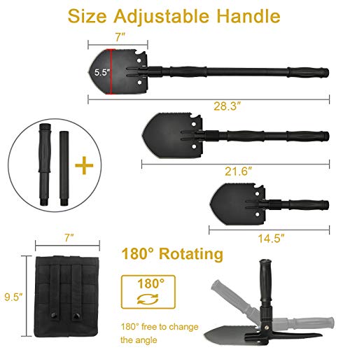 Survival Shovel, (28.3'') Camping Folding Shovel, Military Spade Multitool, Tactical Trench Tool, with Pickaxe, Compass, W...