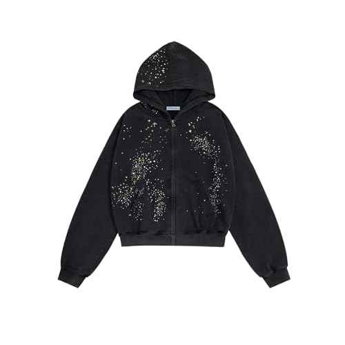 Aelfric Eden Star Rhinestone Zip Up Hoodies Womens Mens Casual Hooded Jackets Unisex Loose Crystal Y2K Pocket Sweatshirts