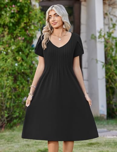 Zeagoo Women Midi Dresses for Summer 2026 Short Sleeve Casual Flowy Dress A Line Pleated V Neck Beach Sundress with Pockets