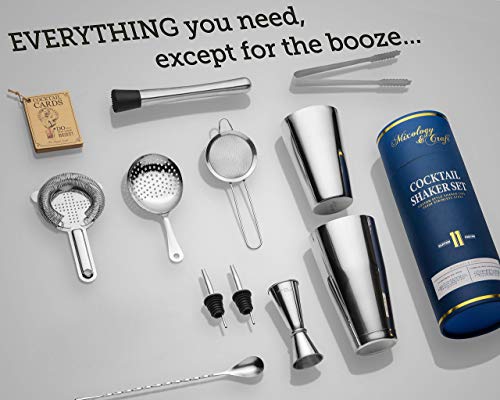 Bartender Kit with Stainless Steel Boston Shaker Bottle | 11-Piece Cocktail Shaker Set with Weighted Design, Premium Bar A...