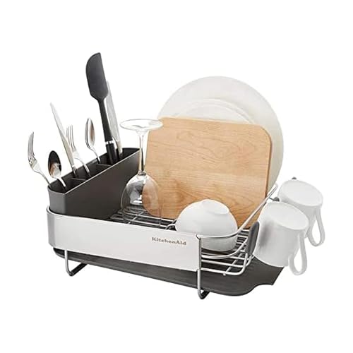 KitchenAid Compact, Space Saving Rust Resistant Dish Rack, with Angled Self Draining Drain Board and Removable Flatware Ca...