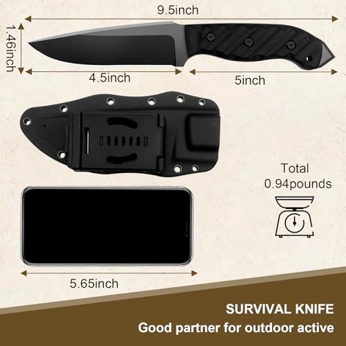 Survival Knife w Kydex Sheath,D2 Fixed Blade Steel,Full Tang Hunting Knife w Non-slip ABS Handle, Glass Breaker, Ideal for...