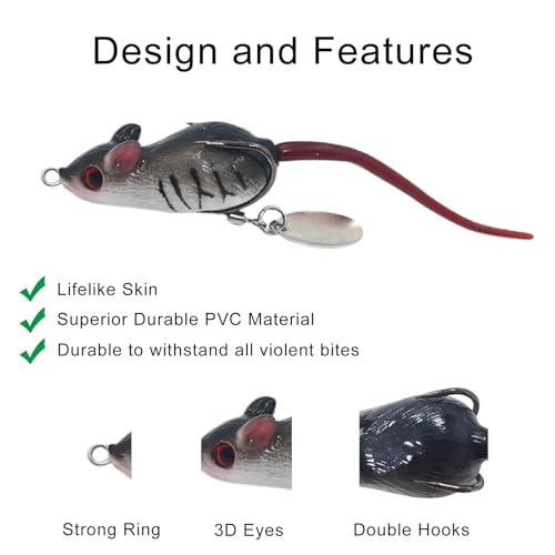 Rat Lure, Mouse Fishing Lure Top Water Baits for Bass Fishing, Weedless Soft Mice Artificial Stuff Jig Hooks for Saltwater...