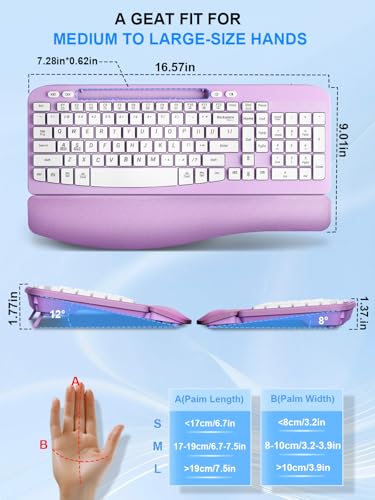 Wireless Keyboard and Mouse Combo, Wave Keys Computer Ergonomic Keyboard with Cushioned Plam Rest, Phone Holder, 2.4GHz Si...
