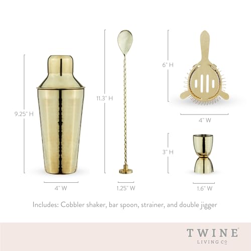 Twine 4-Piece Gold Hammered Cocktail Shaker Set Includes Cobbler Shaker, Strainer, Jigger, Bar Spoon for Classic Cocktail...