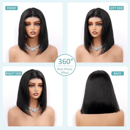 Bob Wig Human Hair 10inch Straight Bob Wig 100% Brazilian Human Hair,13x4 HD Bob Lace Front Wigs Human Hair Natural Black Bob Wigs Human Hair Pre Cut 12A Double Drawn Bob Wig 220 Density