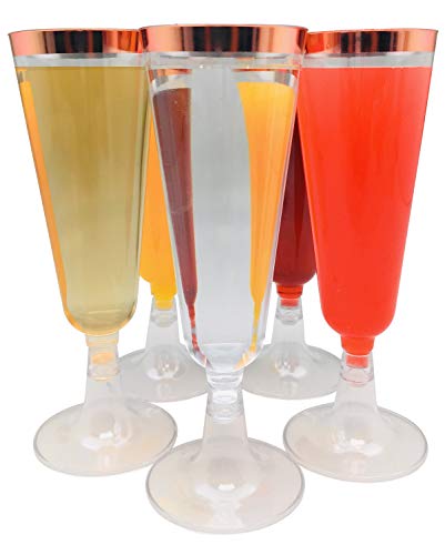 Oojami 140 Pack Plastic Champagne Flutes with Rose Gold Rim – Disposable Glass-Like Toasting Glasses for Wedding, Party, M...