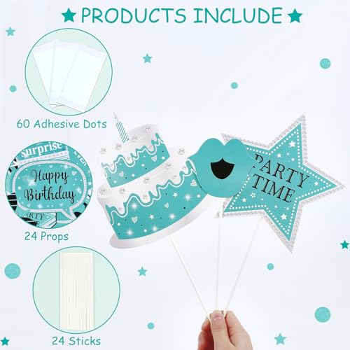 Fangleland 24PCS Turquoise Birthday Photo Booth Props, Teal Blue Happy Birthday Decorations with Forever Young Selfie Pict...
