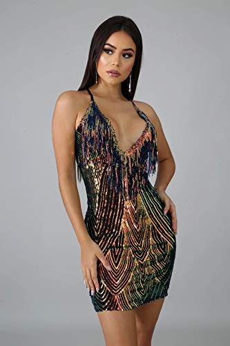 Women's Sexy Bodycon Party Mini Dress Deep V Neck Sequin Backless Spaghetti Straps Clubwear