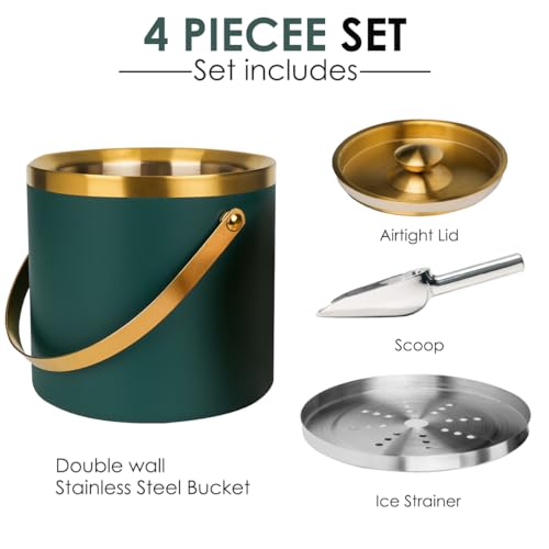 3L Double-Wall Insulated Stainless Steel Ice Bucket with scoop for Cocktail Bar - Metal Ice Bucket for freezer with Lid fo...