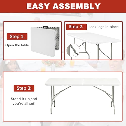 Elevon Folding Table, 6 Feet Heavy Duty Fold-in-Half Utility Table Indoor Outdoor for Camping, Picnic, Party