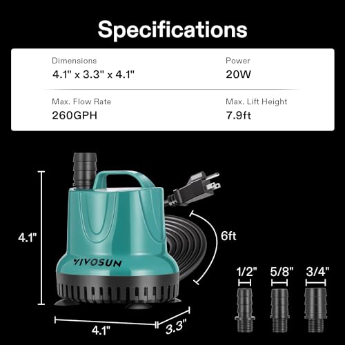 VIVOSUN 260GPH 20W Submersible Water Pump for Fish Tank, Pond, Aquarium, Hydroponic Systems with 6ft Power Cord and 3 Outl...