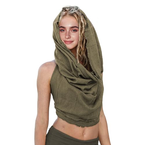 Dune Style Women's Crop Tank Top - Halter, Boho Open Back, Cross Wrap Swim Cover Up, 100% Cotton, Washed Raw-Edge