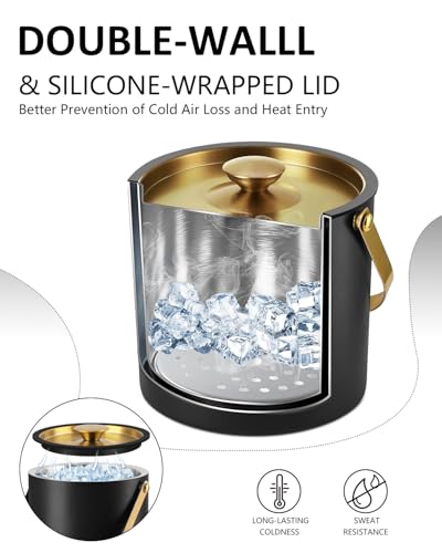 Bakpoco 3L Ice Bucket with Silicone Lid, Scoop, Gold Tongs & Strainer, Stainless Steel Double Wall Insulated Ice Buckets f...