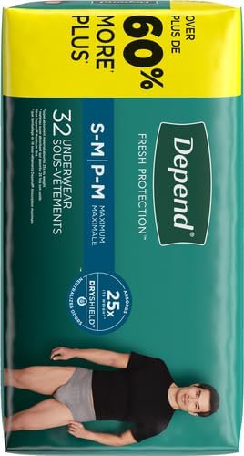 Depend Incontinence Underwear for Men, Small/Medium, 32 Count | Maximum Protection | Grey | Disposable | Pack of 2