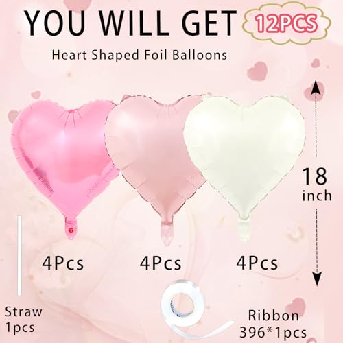 Wuhetyo Pink Heart Balloons,18inch Bright Pink Heart Shaped Foil Balloons & Pastel White Helium Mylar Balloon for Annivers...