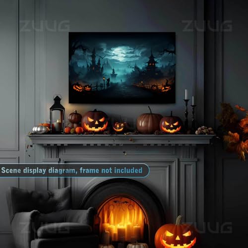 Fantasy horror Halloween canvas painting Gothic style fantasy dark haunted mansion wall decoration glowing pumpkin lantern twisted dead tree moonlight castle suitable for porch audio visual room