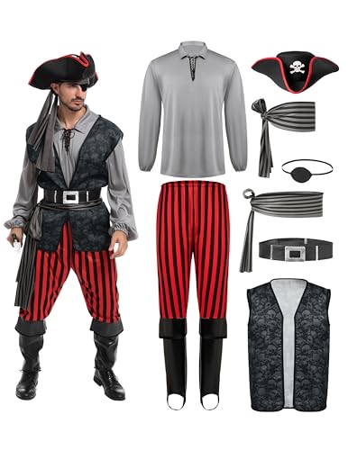 Spooktacular Creations Men Pirate Costume, Adult Pirate Shirt Vest Viking Pants Hat Set for Halloween Themed Parties