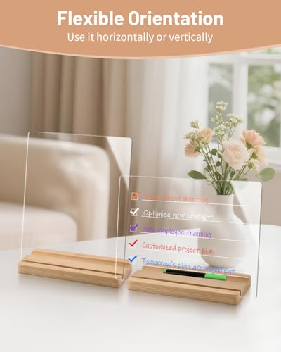 Clear Acrylic Dry Erase Board with Wood Stand – 9x12 Desktop Whiteboard for Writing, Drawing & Planning – Includes 6 Liqui...