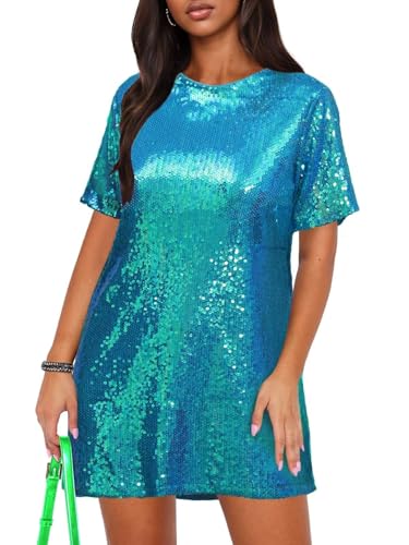 Ophestin Women's Sparkly Sequin T Shirt Dress Short Sleeve Crewneck Tie Backless Glitter Party Club Dresses