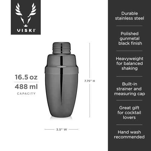 Viski Gunmetal Heavyweight Cocktail Shaker with Strainer, Stainless Steel Drink Mixer for Cocktails, Margarita, Martini, B...
