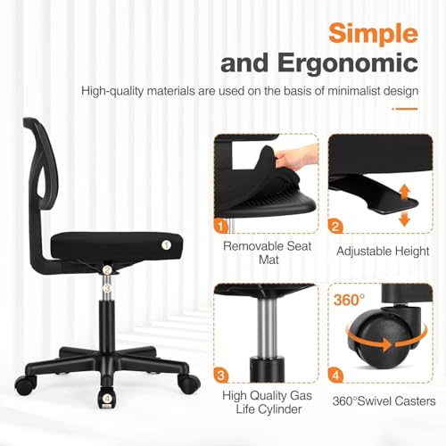 Sweetcrispy Small Office Desk Chair, Ergonomic Low-Back Mesh Rolling Work Swivel Chairs with Wheels, Armless Comfortable S...