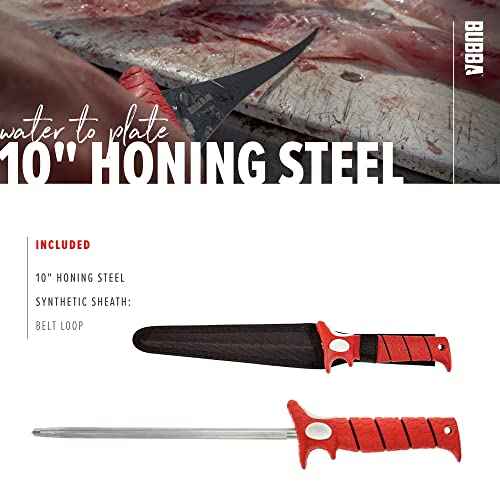 Bubba 10 Inch Honing Steel with Non-Slip Grip Handle, High Carbon Stainless Steel Construction, Lanyard Hole, and Synthetic Sheath for Fishing Knives