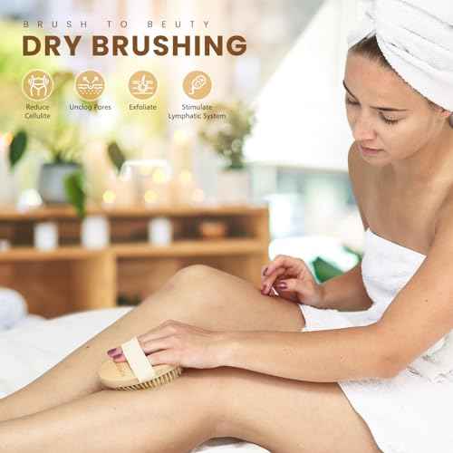 POPCHOSE Dry Brushing Body Brush, Natural Bristle Dry Skin Exfoliating Brush Body Scrub for Flawless Skin, Cellulite Reduction, Lymphatic Drainage and Blood Circulation Improvement