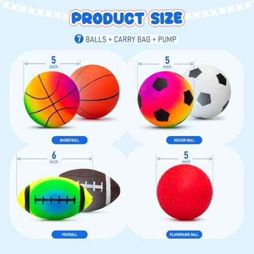 EVERICH Balls for Toddlers 1-3, 7 Pcs 5" Playground Balls for Kids, Soft Rubber Small Sports Ball Set with Football, Basketball, Soccer, Indoor Outdoor Toddler Toys Games Birthday Gifts for Boys Girls