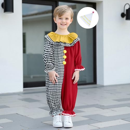 Pudcoco Toddler Baby Boys Girls Halloween Clown Costume Long Sleeve Contrast Color Ruffle Layered Jumpsuit Romper with Hat (Black, 18-24 Months)