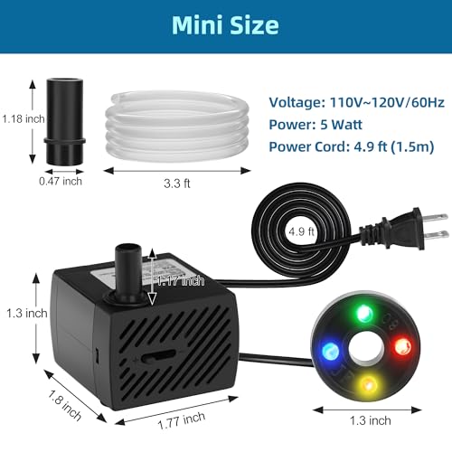 DaToo Mini Submersible Fountain Water Pump With LED Light 95GPH 5W Small Ultra Quiet Water Pump With Tubing For Aquarium F...