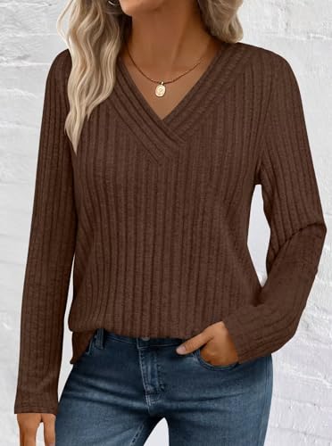 Women's Long Sleeve V Neck Sweater 2025 Fall Fashion Lightweight Casual Pullover Top