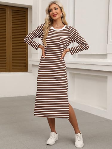 ANRABESS Womens 3/4 Sleeve Striped Slit Midi T Shirt Dresses 2026 Summer Casual Beach Vacation Clothes Spring Travel Sundress
