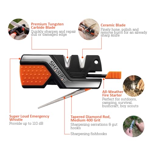 SHARPAL 101N 6-in-1 Pocket Knife Sharpener & Survival Tool – Diamond Sharpening Rod, Fire Starter Ferro Rod, Whistle – Sha...