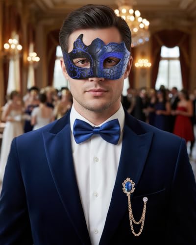 Zinniday 3 Pcs Masquerade Mask for Men, Opera Venetian Mask Set with Bowtie, Opera Half Face Masks Kit for Halloween