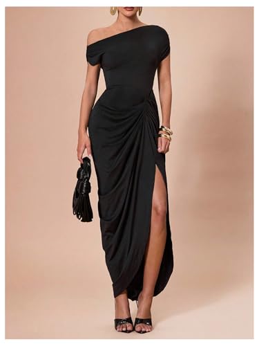 Floerns Women's Elegant Long Dress Asymmetrical Off Shoulder Ruched Slit Bodycon Cocktail Dresses