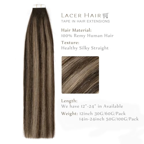 Lacer Human Hair Extensions Tape In Rooted Dark Brown To Chestnut Brown Highlight 16inch 100G Tape Ins Human Hair Extensions Seamless Skin Weft Hair Extension Tape In 100% Remy Human Hair 40pcs