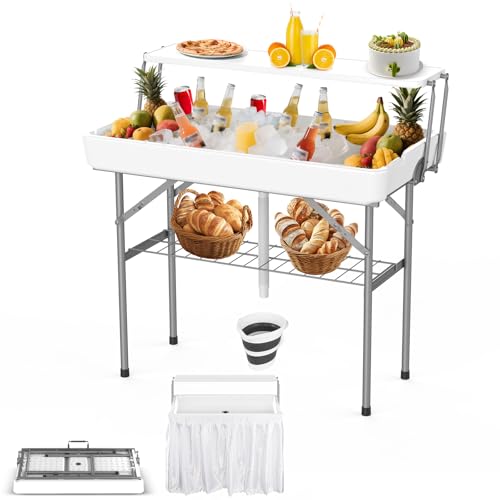 HLPB 4 FT Party Ice Cooler Folding Table with Folding Board, Outdoor ice Table with Skirt & Drain & Folded Buckets & Barbe...
