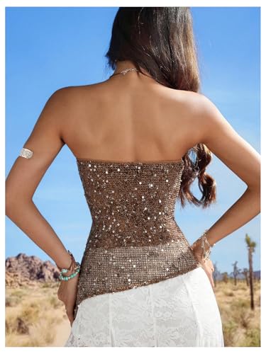 WDIRARA Women's Sparkle Sequin Tube Top Strapless Asymmetrical Bandeau Tops Party Rave Clubwear