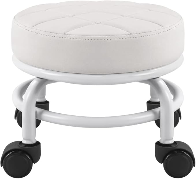 FURWOO Low Roller Seat PU Leather Rolling Stool Step Stool Mechanic Stool on Wheels for Home Office Garage Shop White