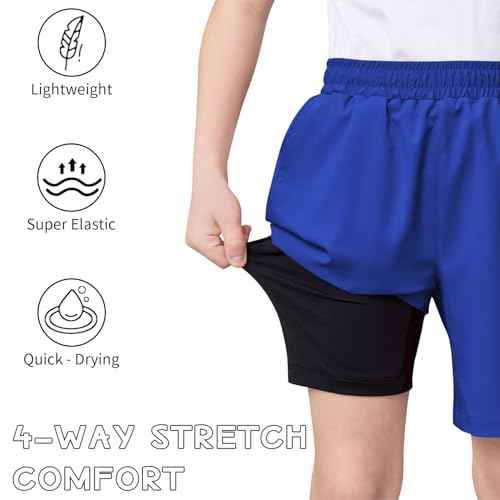 QBK Boys 2-in-1 Athletic Running Shorts with Compression Liner Lightweight Quick Dry 3T-16Y
