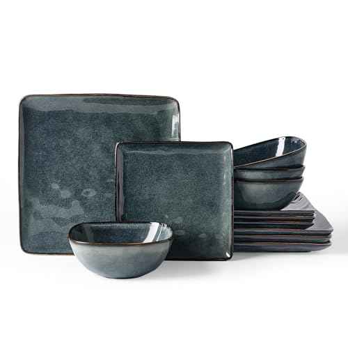 Famiware Dinnerware Sets for 4, Ocean Square 12-Piece Kitchen Plates and Bowls Sets, Reactive Glaze, Microwave and Dishwasher Safe, Scratch Resistant, Deep Forest