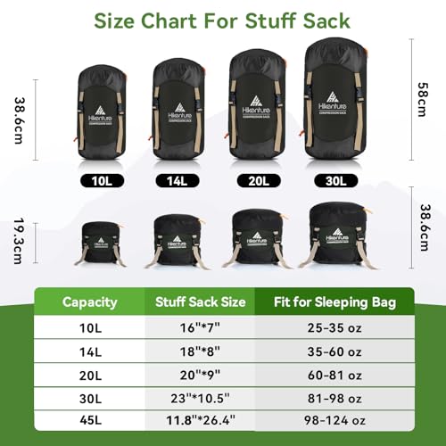 Hikenture Compression Sack for Sleeping Bag, Upgrade Anti-Tear Nylon Sleeping Bag Stuff Sack, 10L/14L/20L/30L Water-Resist...