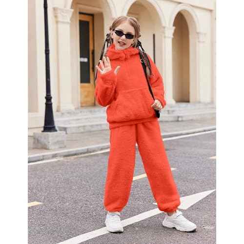 Arshiner Girls 2 Piece Outfits Drop Shoulder Hoodie Half Zip Fluffy Sweatshirt and Fleece Pants Sweatsuit
